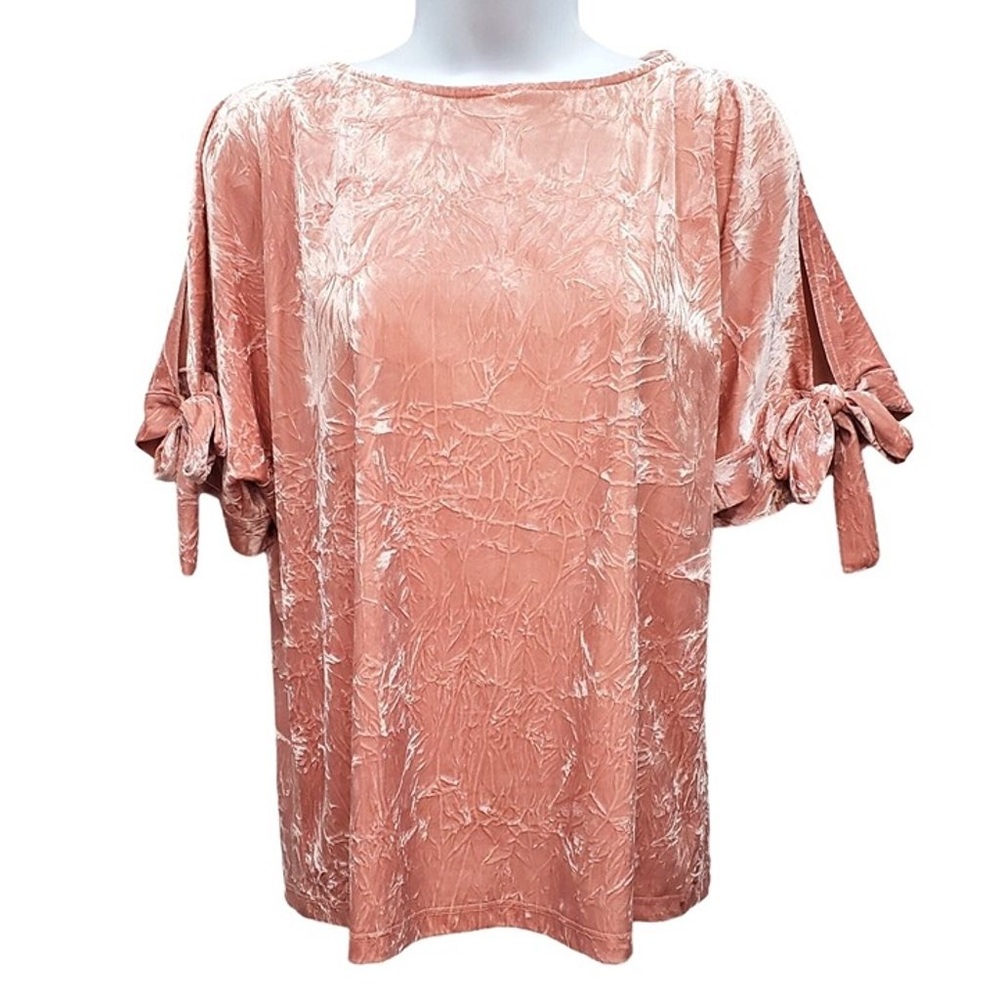 ⭐️Maeve Anthropologie Crushed Velvet Cold Shoulder Tie Short Sleeve Pink Size - Picture 3 of 9